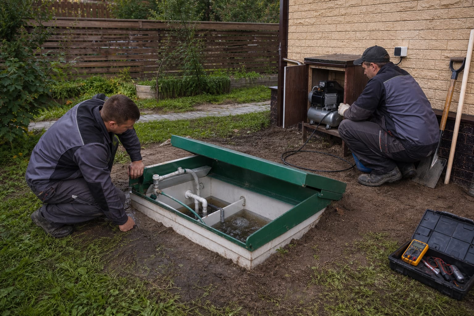 Песчаная обсыпка септика с одновременным наполнением водой